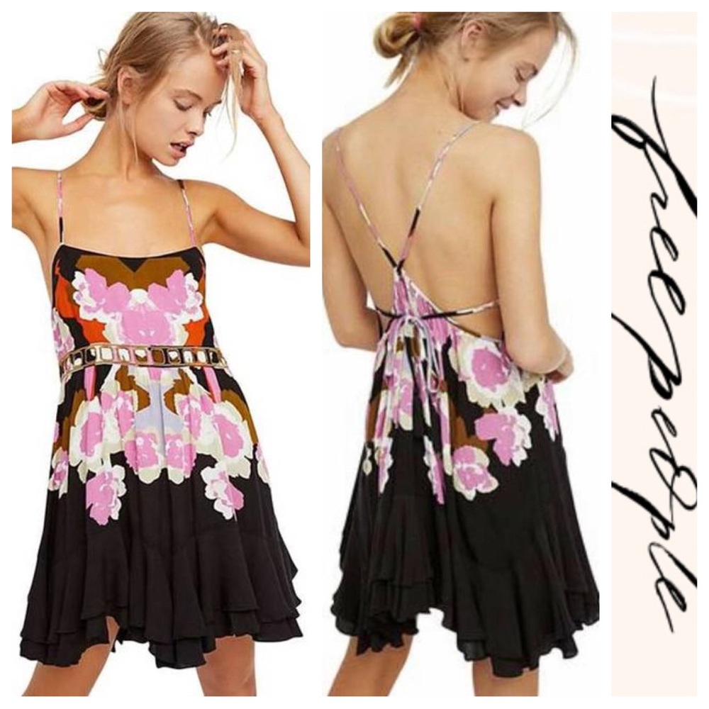 NWOT Free People Sweet Lucy Dark Coal Combo Printed Slip Dress, Small